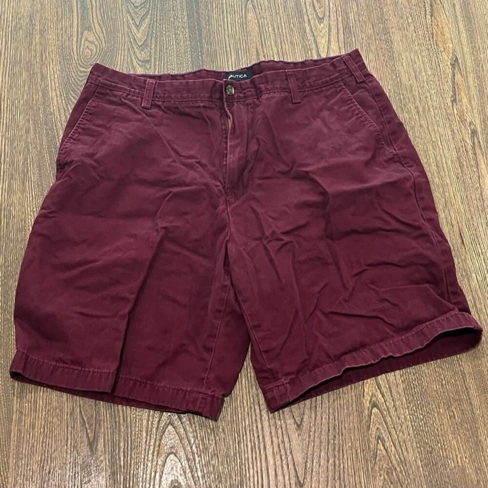 Nautica Mens Chino Shorts Mid Rise Flat Front Pockets Cotton Burgundy Size 38